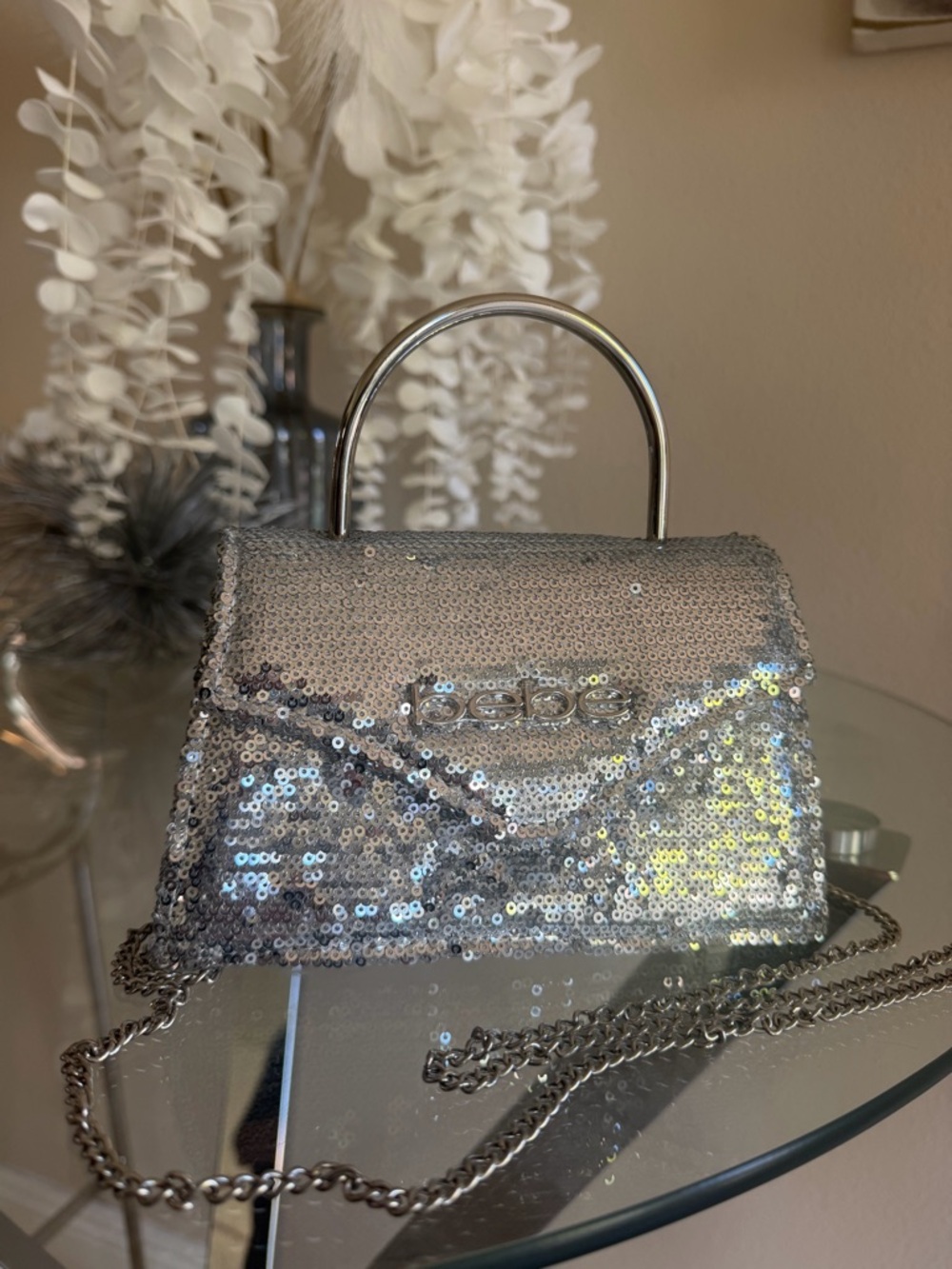 bebe Silver Sequin Mini Top-Handle Bag